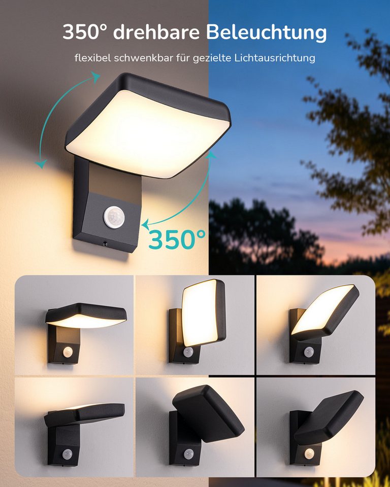 EDISHINE LED Außen-Wandleuchte 350° drehbar, LED fest integriert, 350° drehbar, 3000K, für Haustür, Garten, Terrasse und Garage
