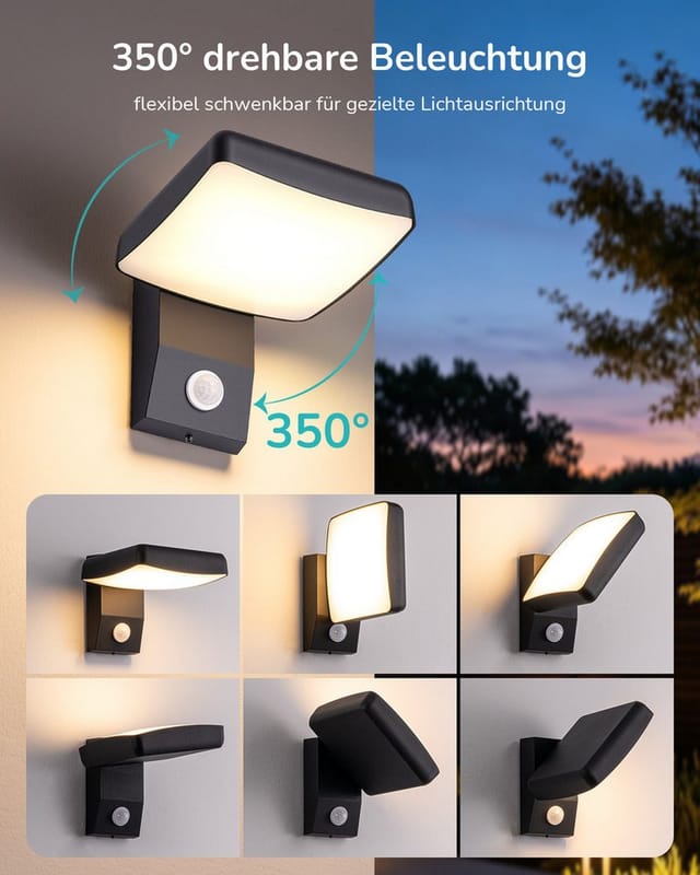 EDISHINE LED Außen-Wandleuchte 350° drehbar, LED fest integriert, 350° drehbar, 3000K, für Haustür, Garten, Terrasse und Garage