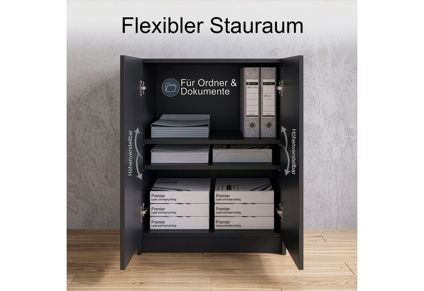 InnoFurn Aktenschrank Elona Druckerkommode (Druckertisch, Extra Tief für Drucker) Druckerschrank Soft-Close & Push-to-Open, Made in Germany