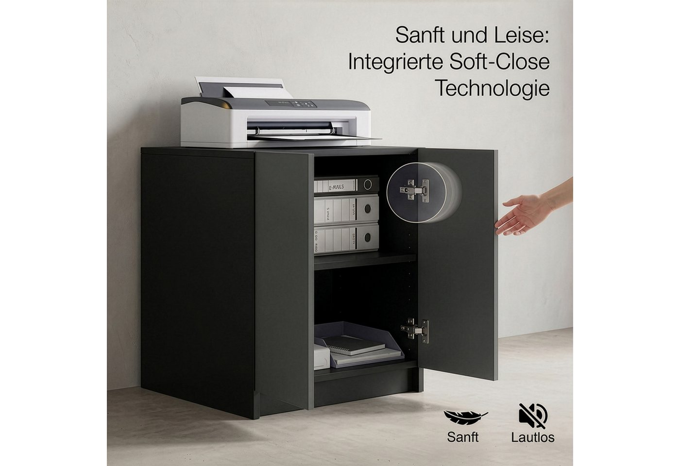 InnoFurn Aktenschrank Elona Druckerkommode (Druckertisch, Extra Tief für Drucker) Druckerschrank Soft-Close & Push-to-Open, Made in Germany Bild 3