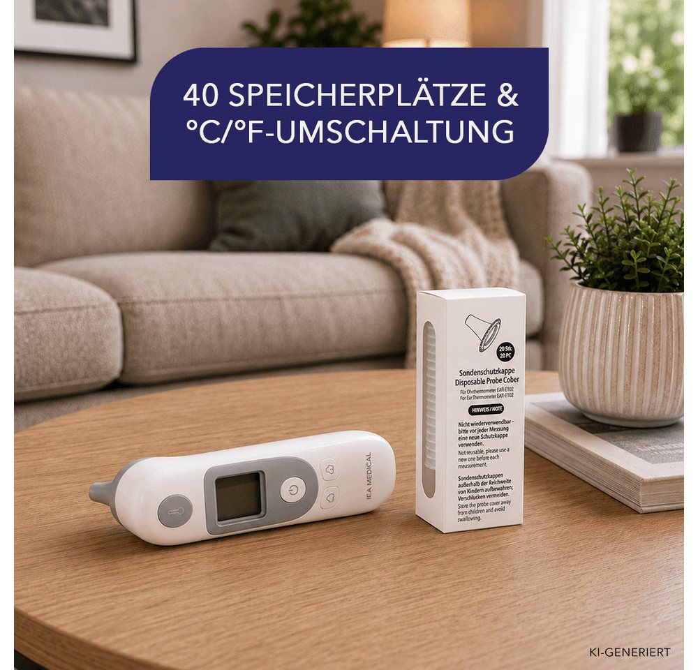 IEA Medical Ohr-Fieberthermometer Infrarot-Ohrmessung für Kinder & Erwachsene, hygienisch mit Schutzkappen, schnelle Messung, Speicherfunktion