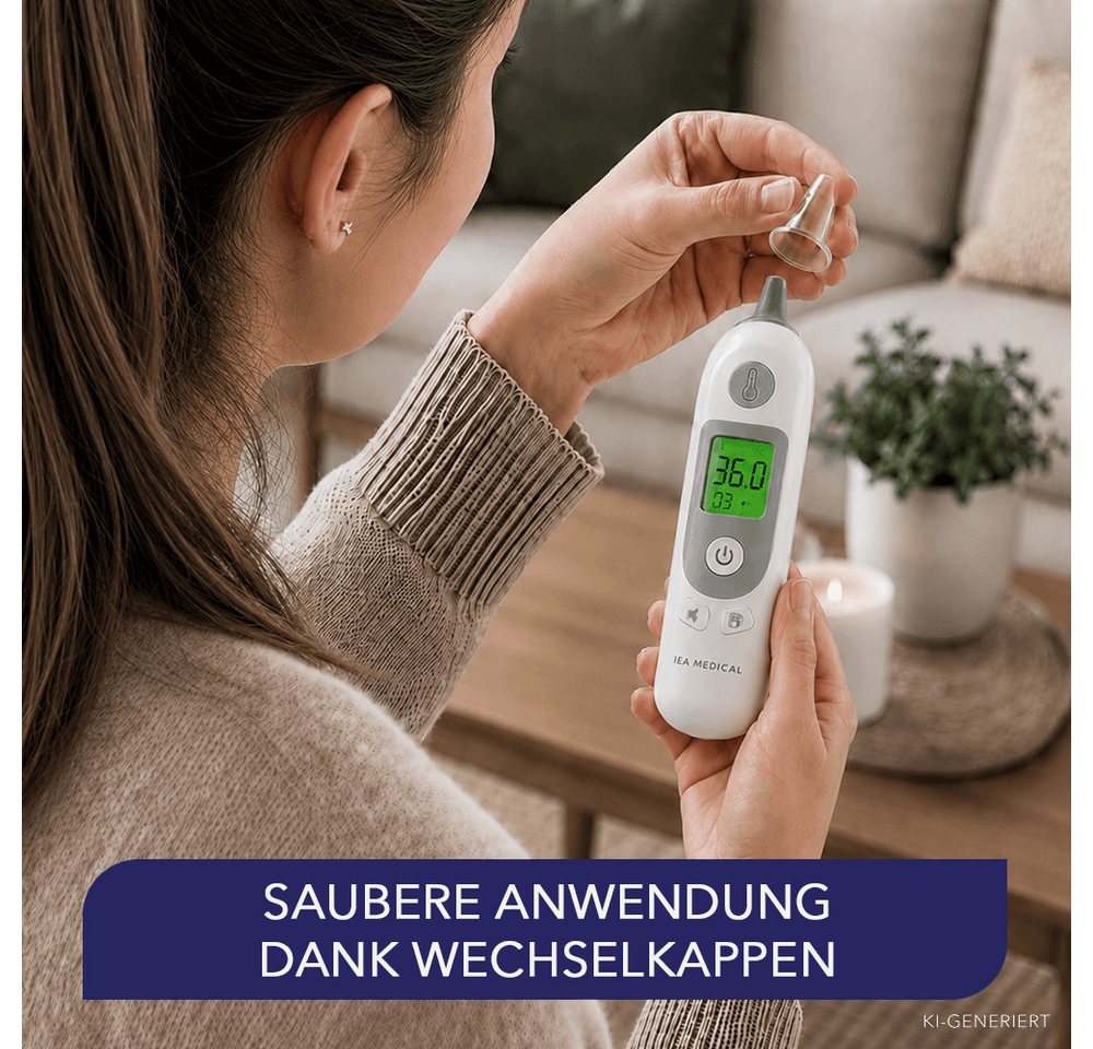 IEA Medical Ohr-Fieberthermometer Infrarot-Ohrmessung für Kinder & Erwachsene, hygienisch mit Schutzkappen, schnelle Messung, Speicherfunktion Bild 5