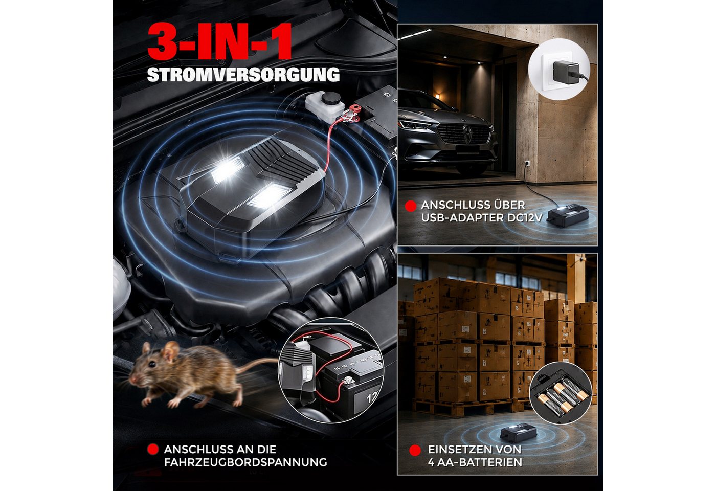 Quntis Ultraschall-Tierabwehr Ultraschall-Mäuseabwehrgerät & Marderschreck fürs Auto – bis 60 m², 1-tlg., Batteriebetrieben & hitzebeständig für Motorraum, Garage & Lagerhalle