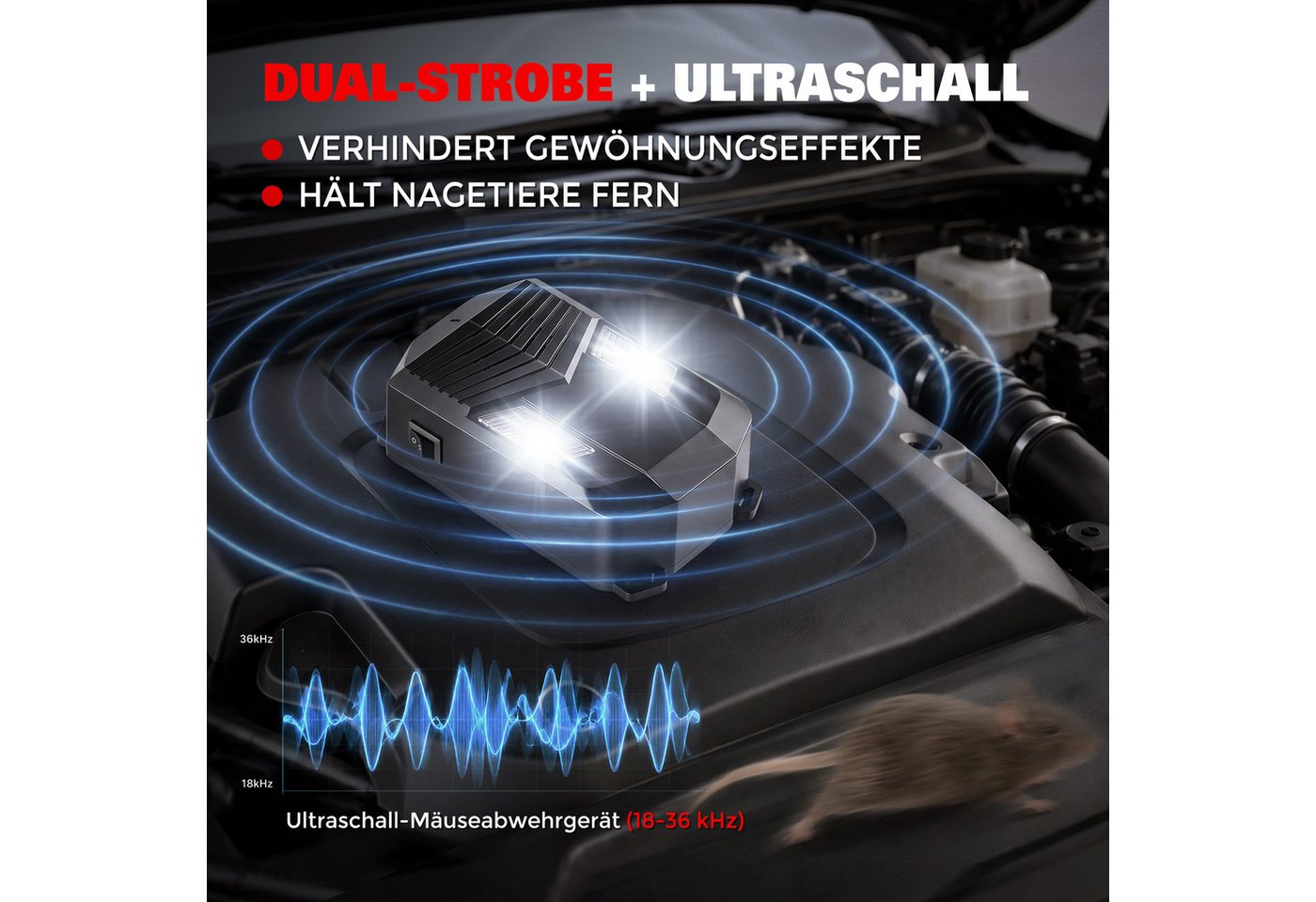 Quntis Ultraschall-Tierabwehr Ultraschall-Mäuseabwehrgerät & Marderschreck fürs Auto – bis 60 m², 1-tlg., Batteriebetrieben & hitzebeständig für Motorraum, Garage & Lagerhalle Bild 4