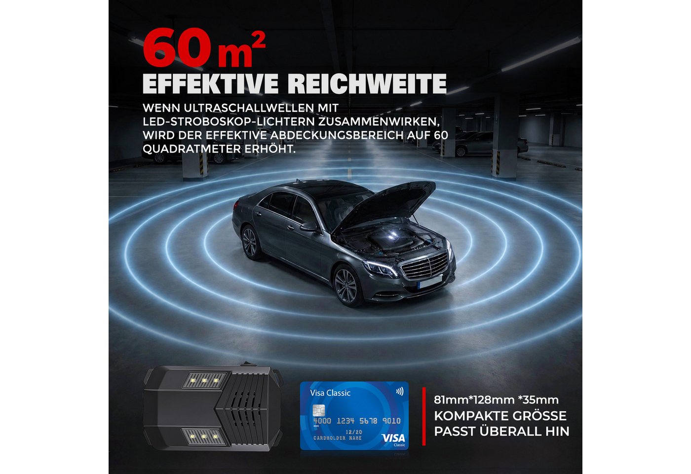 Quntis Ultraschall-Tierabwehr Ultraschall-Mäuseabwehrgerät & Marderschreck fürs Auto – bis 60 m², 1-tlg., Batteriebetrieben & hitzebeständig für Motorraum, Garage & Lagerhalle Bild 5