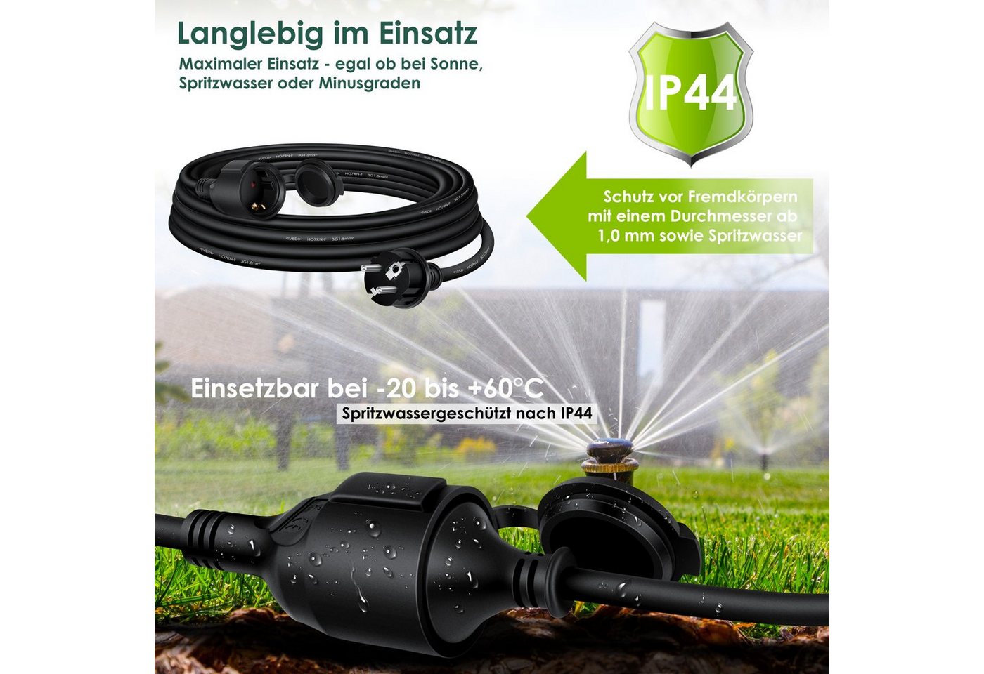 KESSER Verlängerungskabel, (5 cm), Verlängerungskabel mit Schutzkappe Outdoor für Innenbereich Bild 3