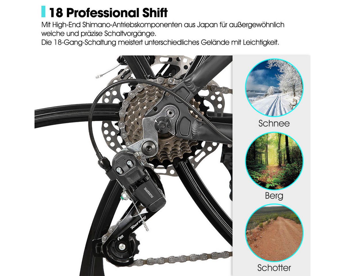 HILAND Mountainbike 26" Aluminium MTB Shimano 18-Gang, 3D/6D Felgen wählbar, 3/6-Speichen-Räder, 18-Gang, mit Schutzblechen, Doppelscheibenbremsen