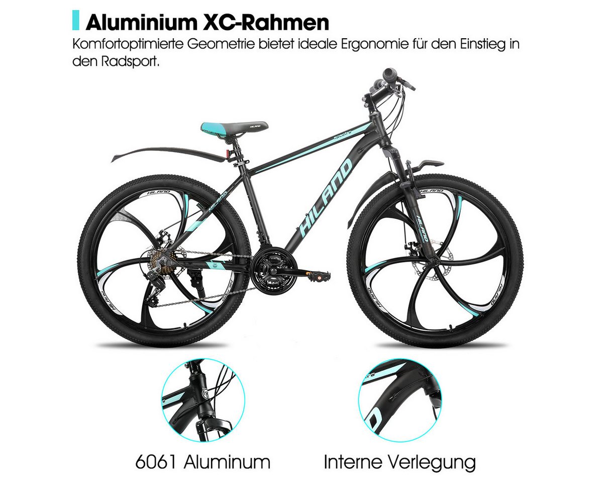 HILAND Mountainbike 26" Aluminium MTB Shimano 18-Gang, 3D/6D Felgen wählbar, 3/6-Speichen-Räder, 18-Gang, mit Schutzblechen, Doppelscheibenbremsen Bild 2