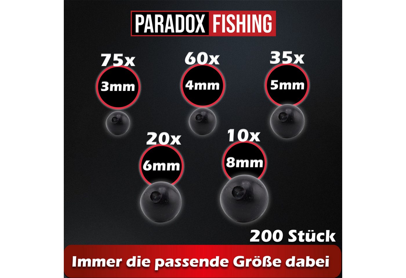 Paradox Fishing Schnurstopper Gummiperlen Set 3mm-8mm 200 Stück, (200-St), Knotenschutz, langlebig, 200 Perlen Bild 2