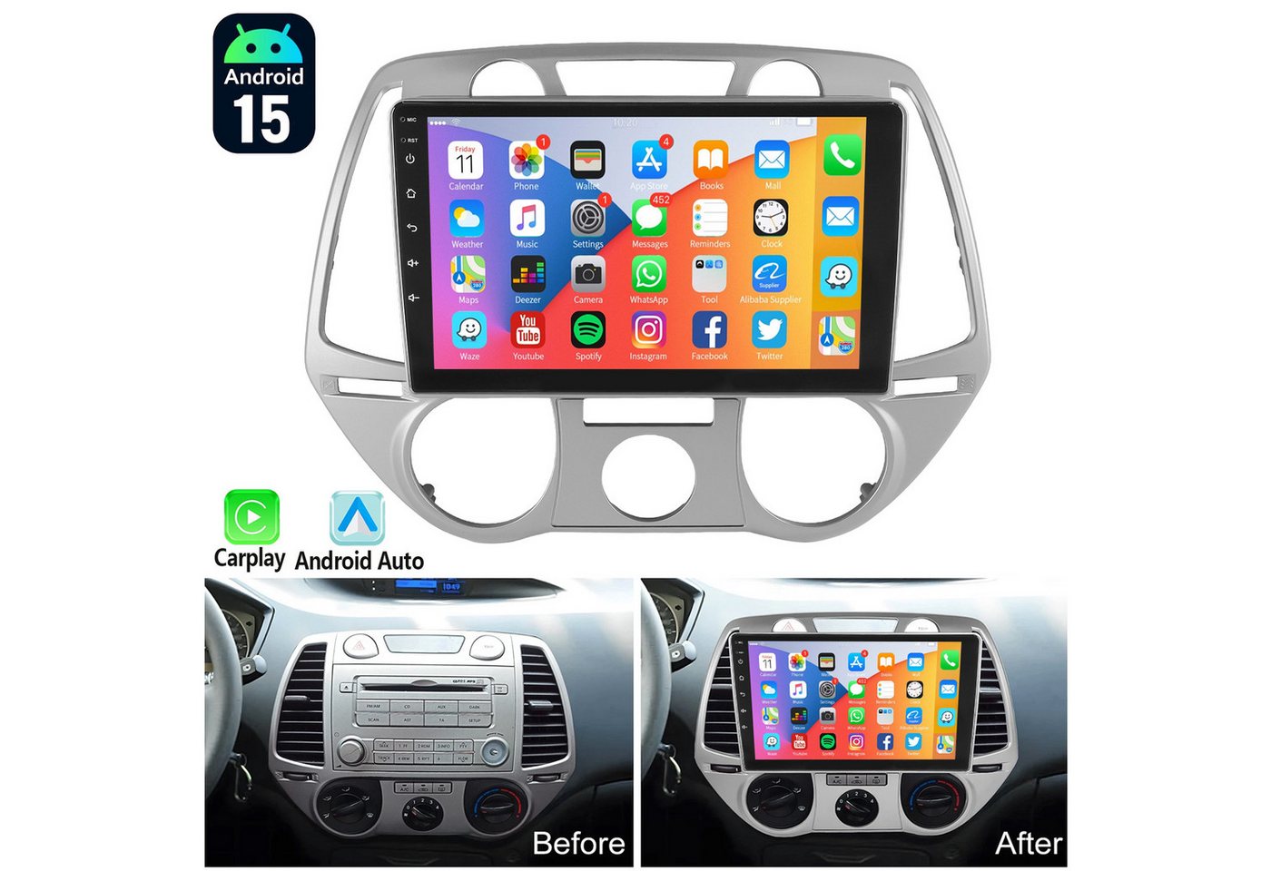 ESSGOO DAB+ Android 15 Carplay Für Hyundai i20 PB 2008-2011 GPS Navi Kam Autoradio (4+64GB(optional), DAB+ (optional), RDS, Mirror Link Apple Carplay Android Auto,ASP)