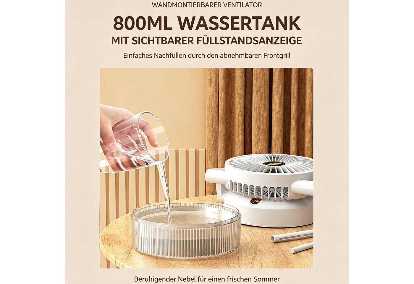 MOPUEA Tischventilator Sprühventilator mit 800-ml-Wassertank und RGB-Beleuchtung, Zusammenklappen, 3 Windstufe, Leiser, USB, für Wohnmobile, Homeoffice