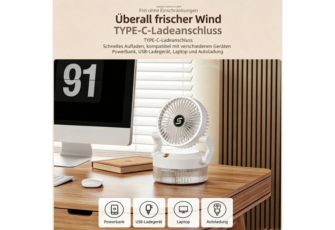 MOPUEA Tischventilator Sprühventilator mit 800-ml-Wassertank und RGB-Beleuchtung, Zusammenklappen, 3 Windstufe, Leiser, USB, für Wohnmobile, Homeoffice Bild 2