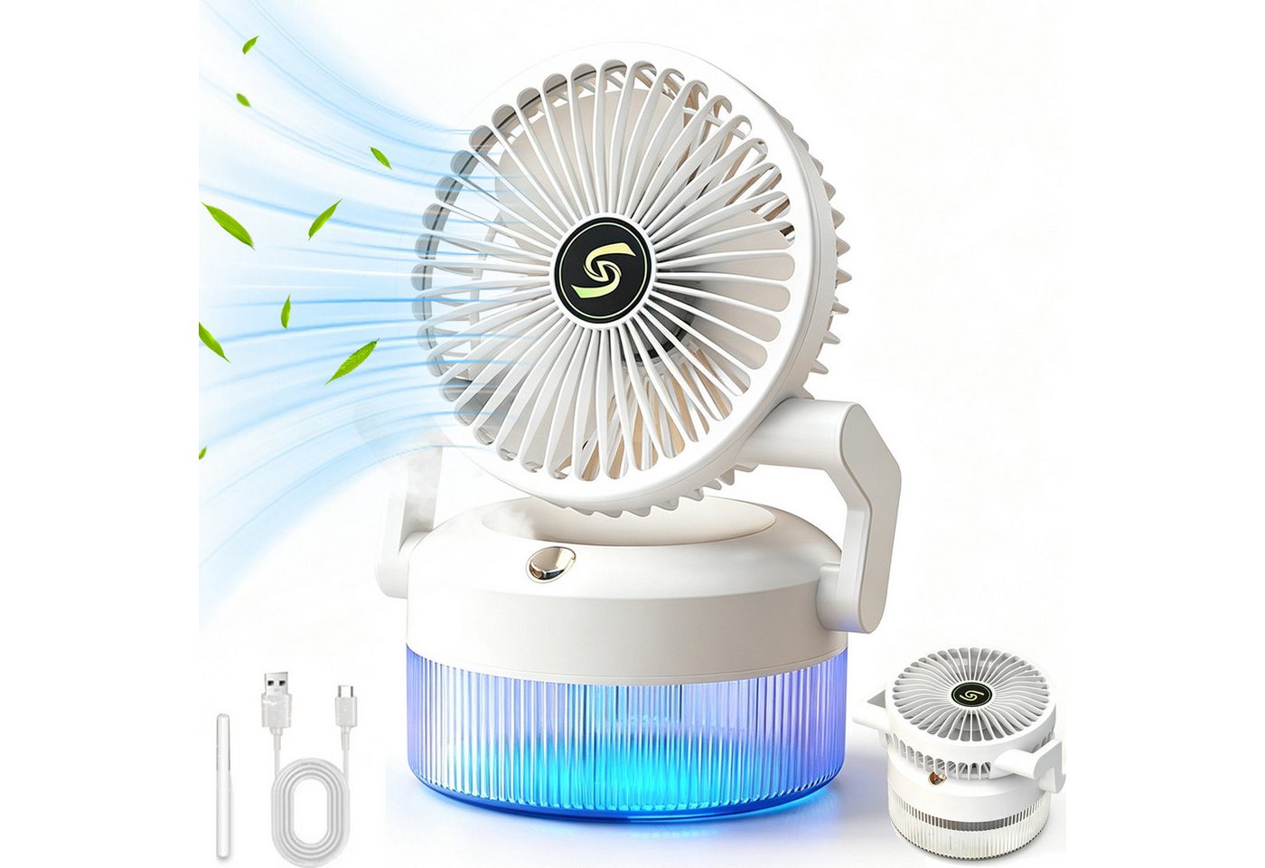 MOPUEA Tischventilator Sprühventilator mit 800-ml-Wassertank und RGB-Beleuchtung, Zusammenklappen, 3 Windstufe, Leiser, USB, für Wohnmobile, Homeoffice Bild 3