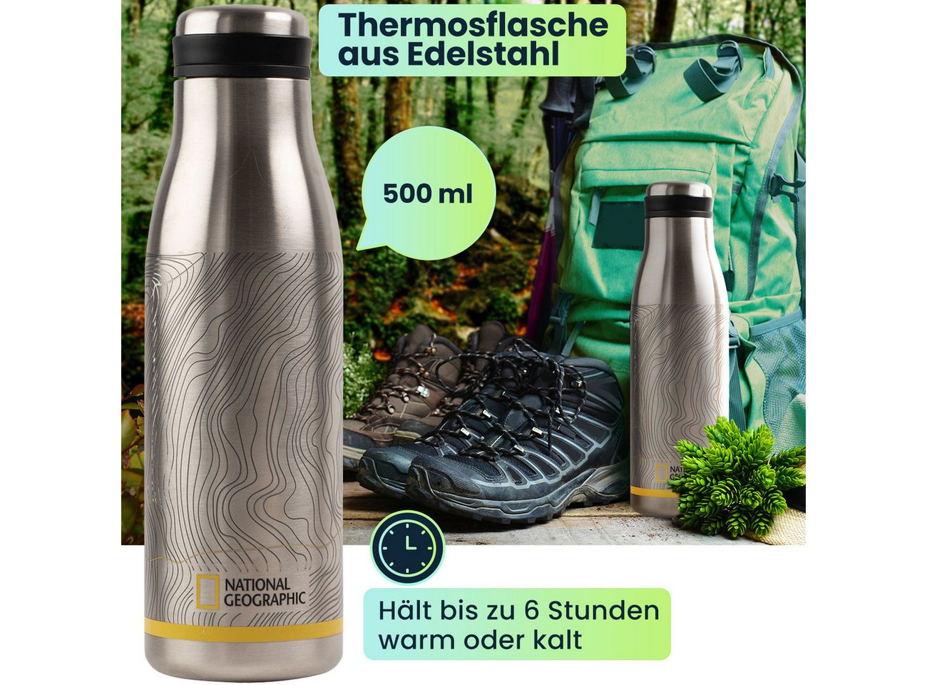 NATIONAL GEOGRAPHIC Thermoflasche National Geographic Thermosflasche 500ml, Edelstahl, Auslaufsicher, Edelstahl-Isolierflasche hält Getränke bis zu 6 Std. warm oder kühl Bild 3