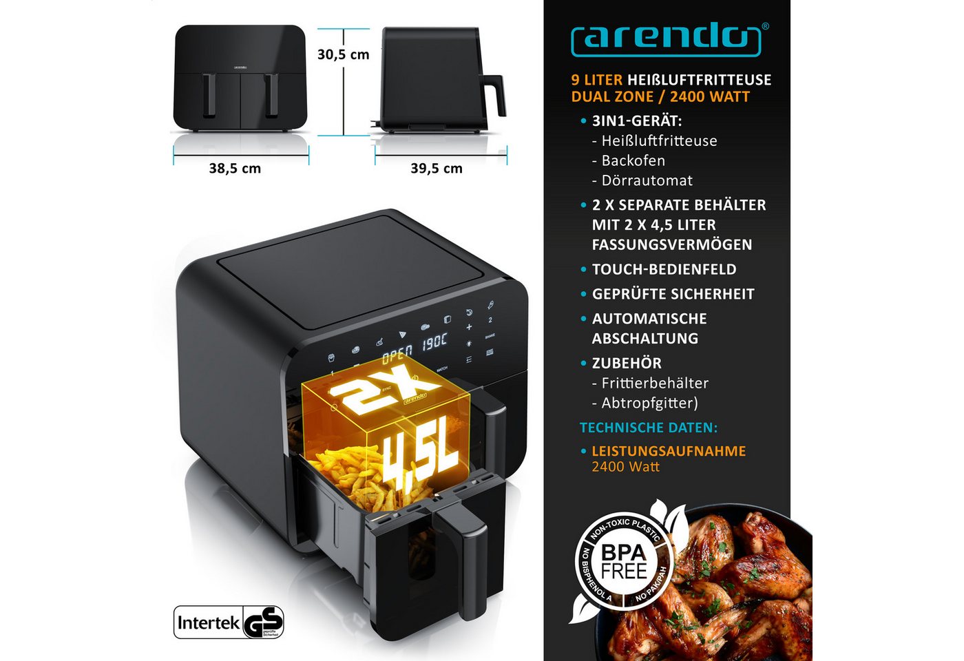 Arendo Heißluftfritteuse XXL Doppelkammer Airfryer 9L, Dual Zone, Sichtfenster mit Beleuchtung, 2400 W, mit Zubehör, Touchscreen, 3D Umluftsystem, fettarmes gesundes Kochen
