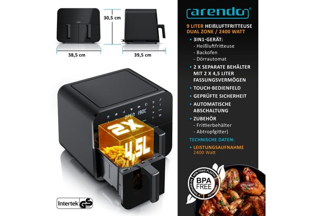 Arendo Heißluftfritteuse XXL Doppelkammer Airfryer 9L, Dual Zone, Sichtfenster mit Beleuchtung, 2400 W, mit Zubehör, Touchscreen, 3D Umluftsystem, fettarmes gesundes Kochen