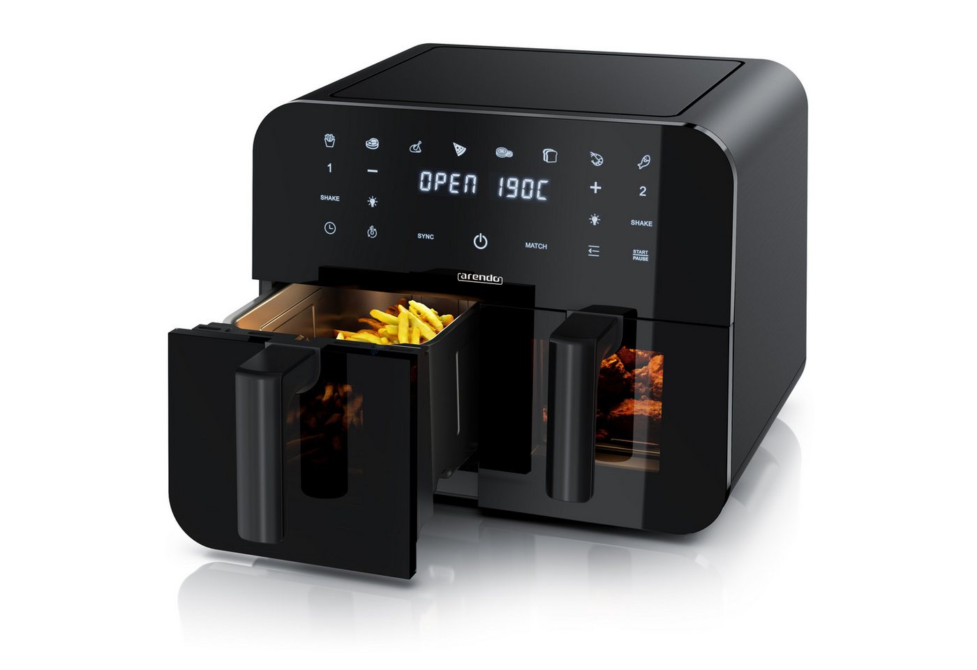 Arendo Heißluftfritteuse XXL Doppelkammer Airfryer 9L, Dual Zone, Sichtfenster mit Beleuchtung, 2400 W, mit Zubehör, Touchscreen, 3D Umluftsystem, fettarmes gesundes Kochen Bild 2