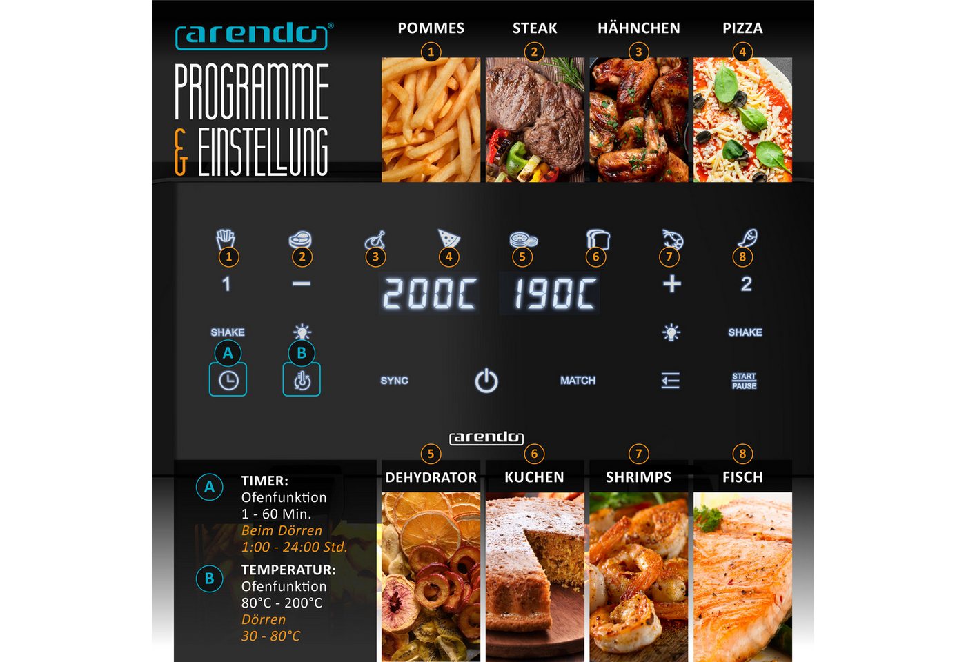 Arendo Heißluftfritteuse XXL Doppelkammer Airfryer 9L, Dual Zone, Sichtfenster mit Beleuchtung, 2400 W, mit Zubehör, Touchscreen, 3D Umluftsystem, fettarmes gesundes Kochen Bild 3