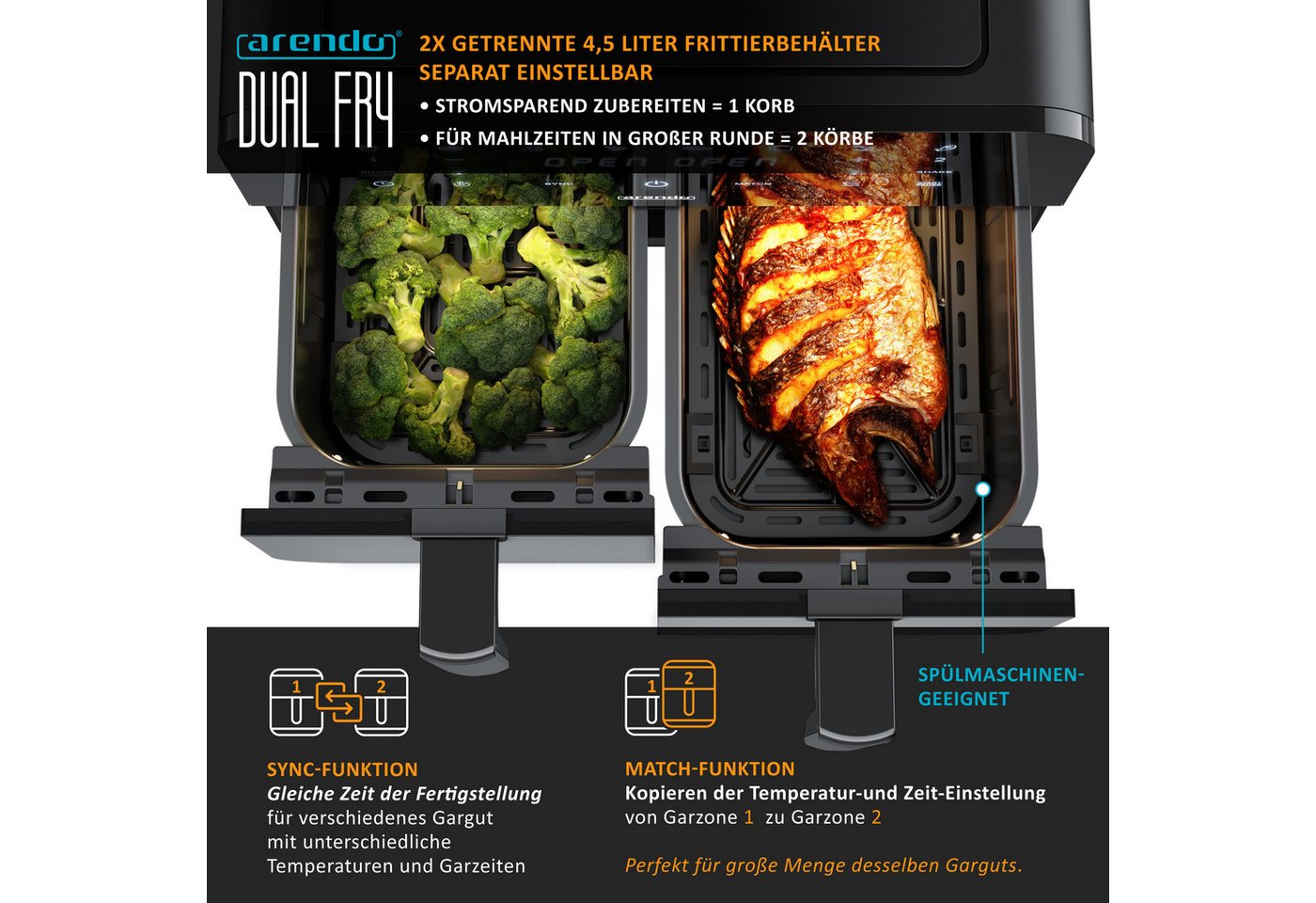 Arendo Heißluftfritteuse XXL Doppelkammer Airfryer 9L, Dual Zone, Sichtfenster mit Beleuchtung, 2400 W, mit Zubehör, Touchscreen, 3D Umluftsystem, fettarmes gesundes Kochen Bild 4