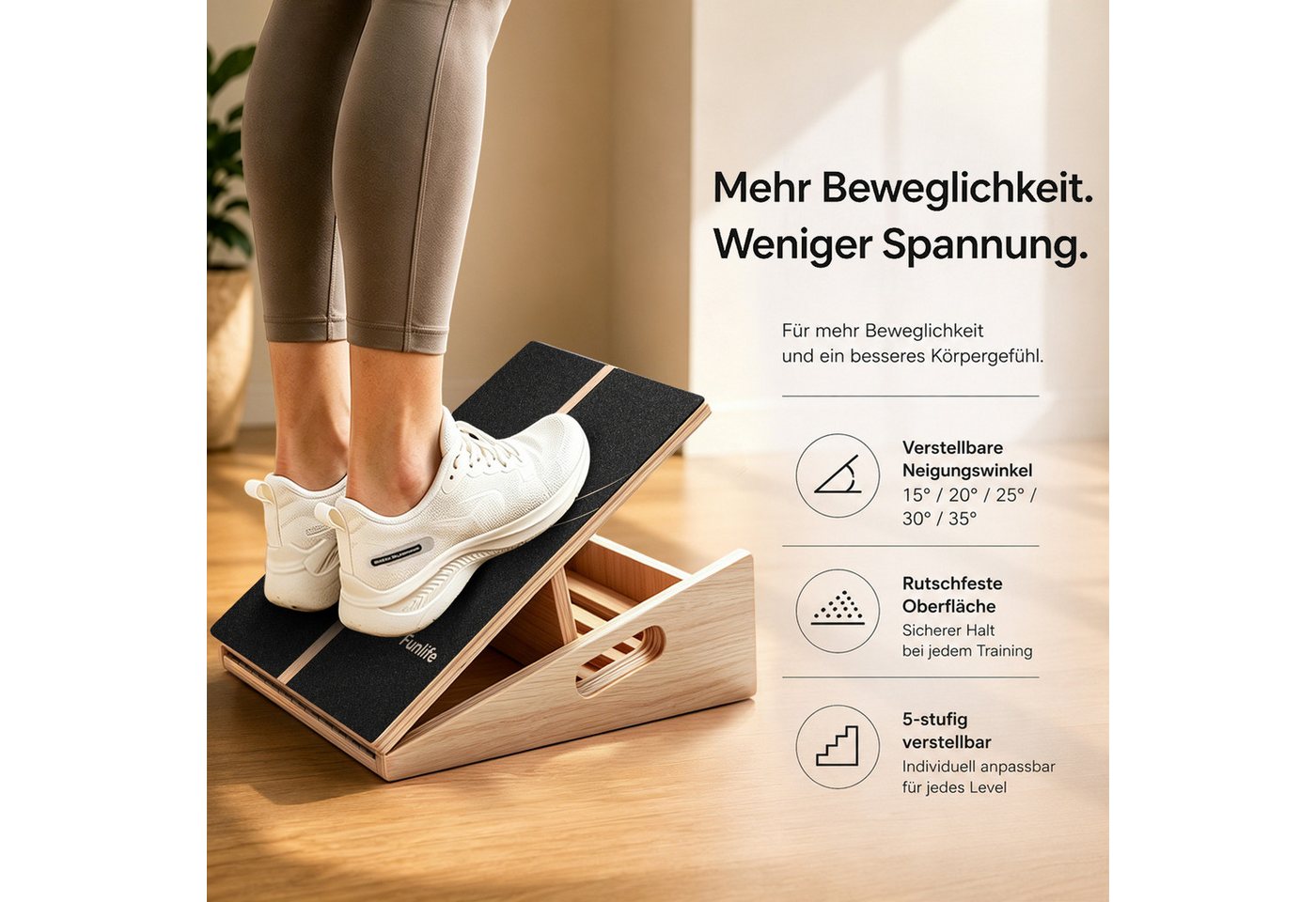 FunLife Balanceboard Slant Board BERG & FLOW Design-Edition, 5 Neigungswinkel, aus Mehrschichtholz, rutschfest, bis 150 kg Bild 5