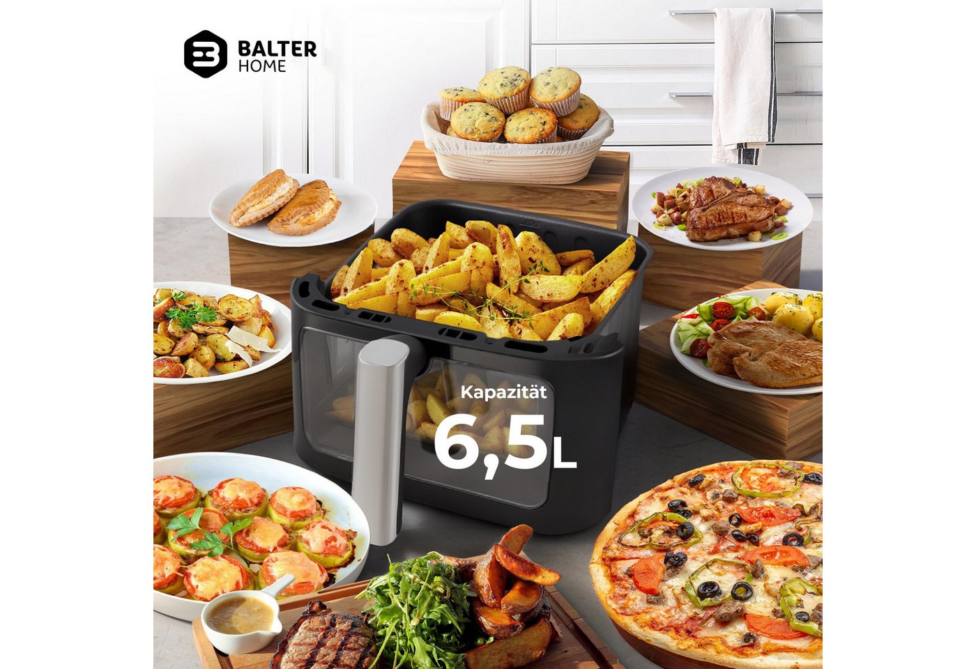 Balter Heißluftfritteuse, 1700 W, Airfryer, 6,5 L, transparentem Deckel und Sichtfenster