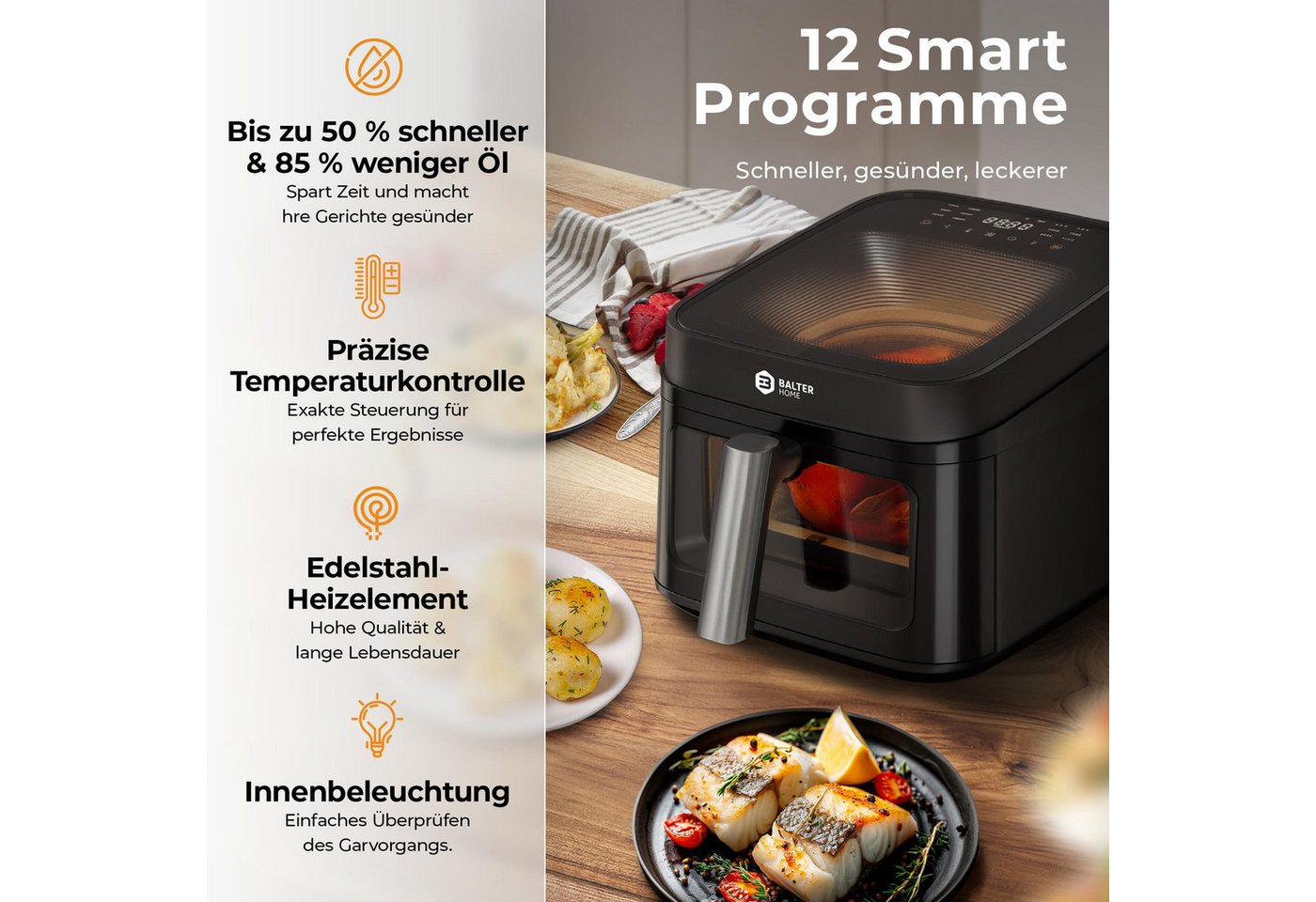Balter Heißluftfritteuse, 1700 W, Airfryer, 6,5 L, transparentem Deckel und Sichtfenster Bild 3