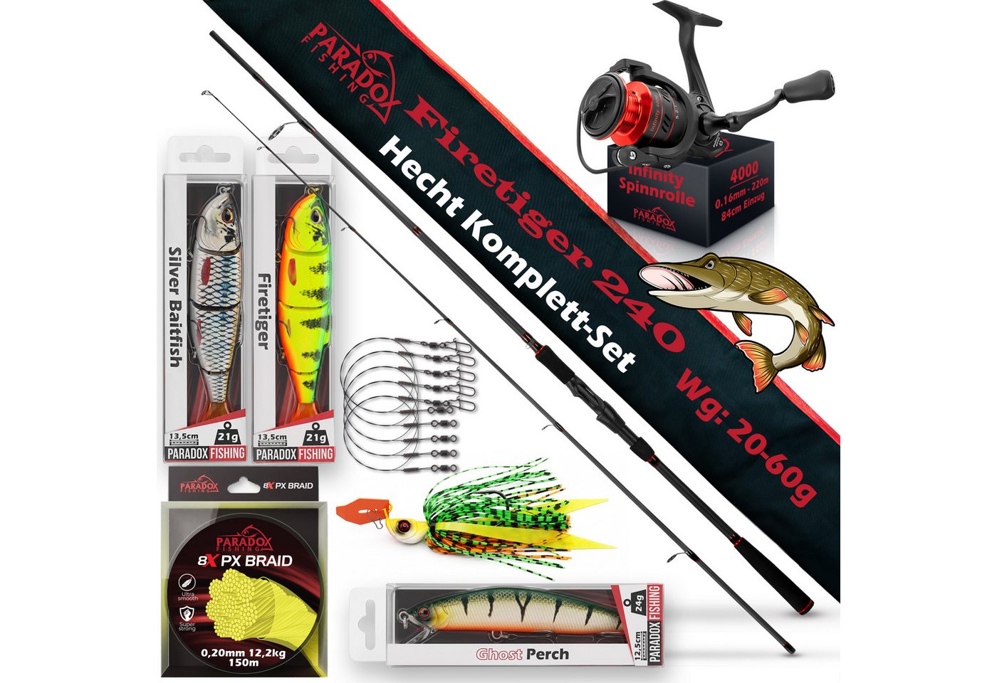 Paradox Fishing Spinnrute Hecht Komplett Set Firetiger Spinnrute 20-60g + 4000 Infinity Rolle, (Set, Rute + 4000 Rolle + Köderset), Komplett-Starterset