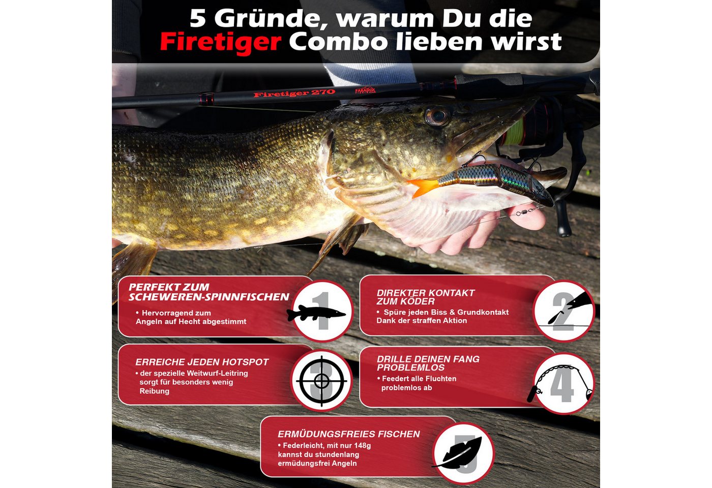Paradox Fishing Spinnrute Hecht Komplett Set Firetiger Spinnrute 20-60g + 4000 Infinity Rolle, (Set, Rute + 4000 Rolle + Köderset), Komplett-Starterset Bild 2