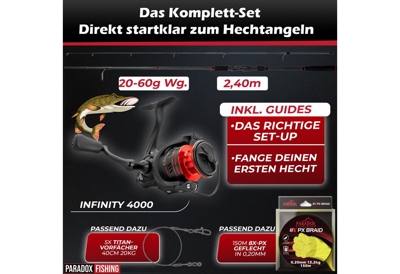 Paradox Fishing Spinnrute Hecht Komplett Set Firetiger Spinnrute 20-60g + 4000 Infinity Rolle, (Set, Rute + 4000 Rolle + Köderset), Komplett-Starterset Bild 3