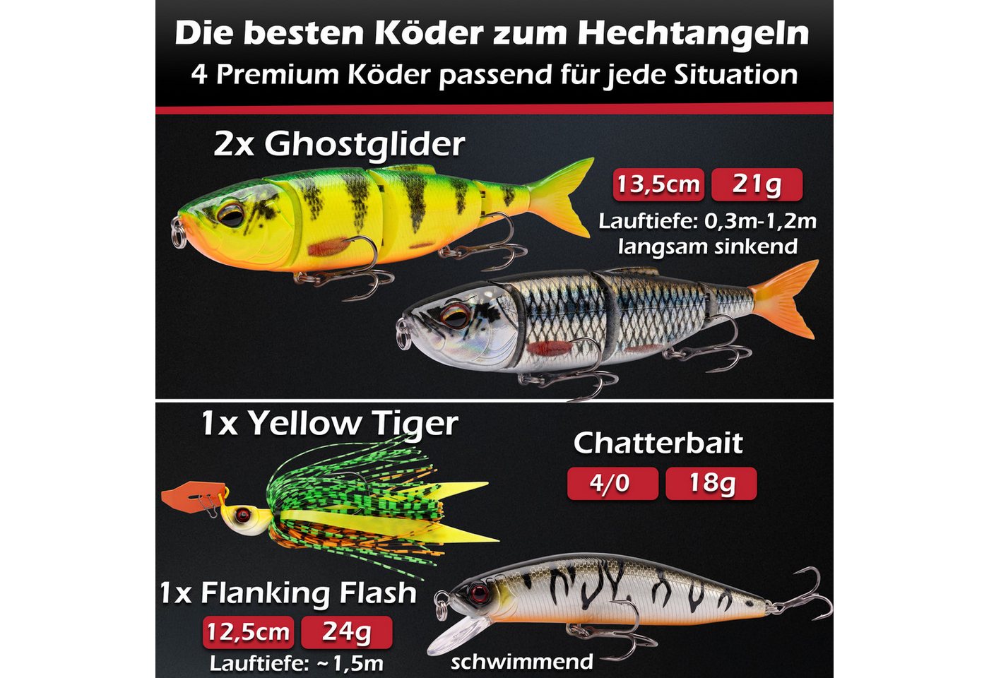 Paradox Fishing Spinnrute Hecht Komplett Set Firetiger Spinnrute 20-60g + 4000 Infinity Rolle, (Set, Rute + 4000 Rolle + Köderset), Komplett-Starterset Bild 4