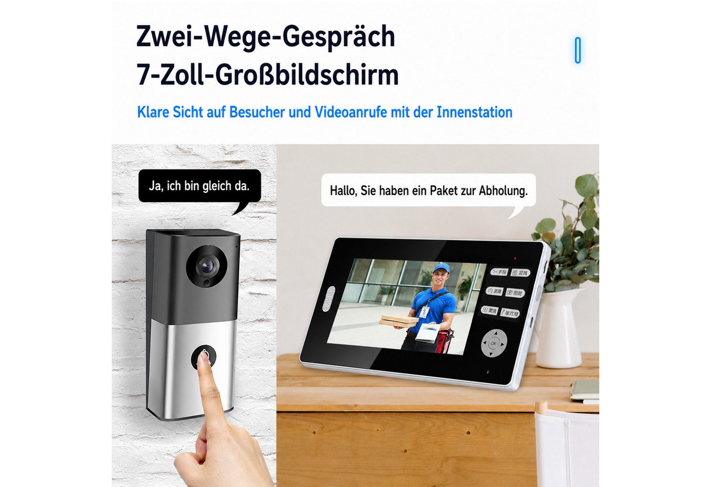 MOPUEA Video-Türsprechanlage 7 Zoll HD Video-Türsprechanlage Drahtlose Türklingelkamera (Türsprechanlage, 7 Zoll Video Türsprechanlage mit Kamera und Nachtsicht, Nachtsicht, Gegensprechen, LCD-Display, Fernsteuerung)