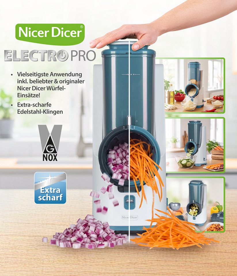 Genius Gemüseschneider Nicer Dicer Electro PRO Set 32-tlg., sage, Gemüseschneider, 80 W, Präzise und gleichmäßige Ergebnisse in Sekundenschnelle