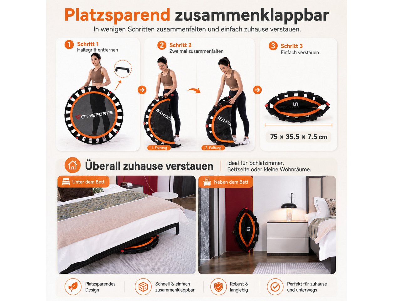 CITYSPORTS Fitnesstrampolin Mini-Trampolin mit Haltegriff 3-fach höhenverstellbar, Ø101cm, mit elastischem Bandsystem, höhenverstellbarer Griff