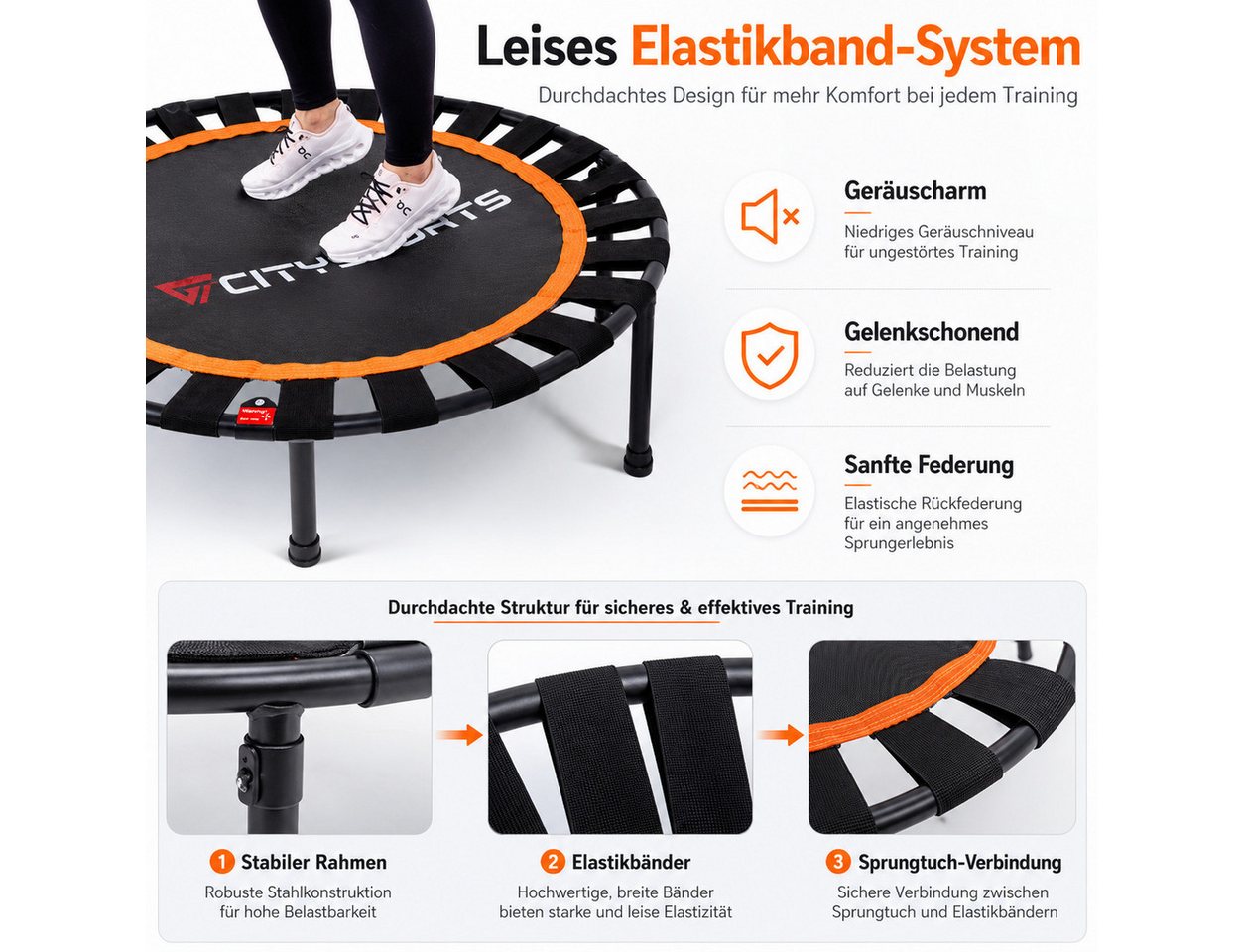 CITYSPORTS Fitnesstrampolin Mini-Trampolin mit Haltegriff 3-fach höhenverstellbar, Ø101cm, mit elastischem Bandsystem, höhenverstellbarer Griff Bild 2