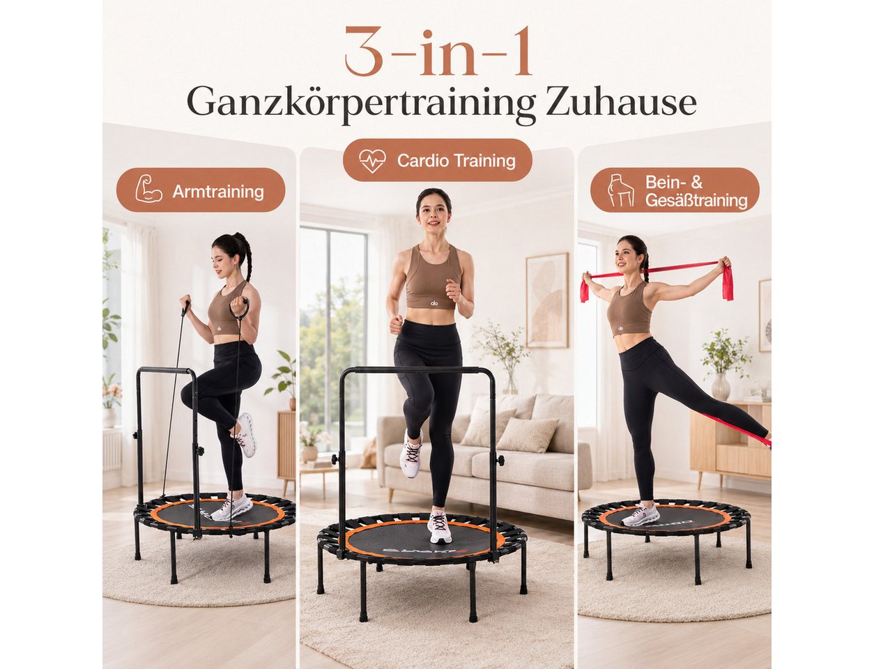 CITYSPORTS Fitnesstrampolin Mini-Trampolin mit Haltegriff 3-fach höhenverstellbar, Ø101cm, mit elastischem Bandsystem, höhenverstellbarer Griff Bild 3