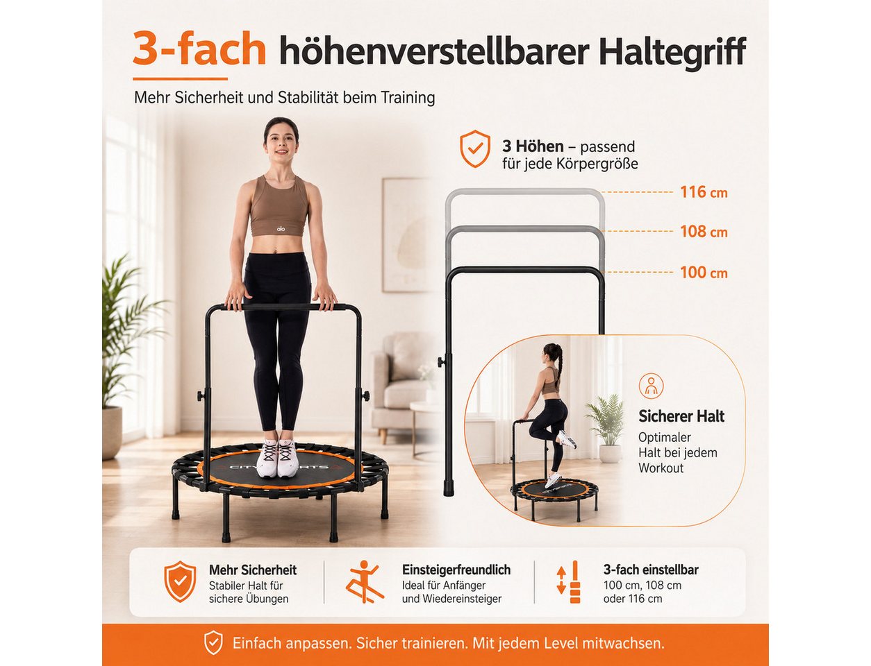 CITYSPORTS Fitnesstrampolin Mini-Trampolin mit Haltegriff 3-fach höhenverstellbar, Ø101cm, mit elastischem Bandsystem, höhenverstellbarer Griff Bild 5