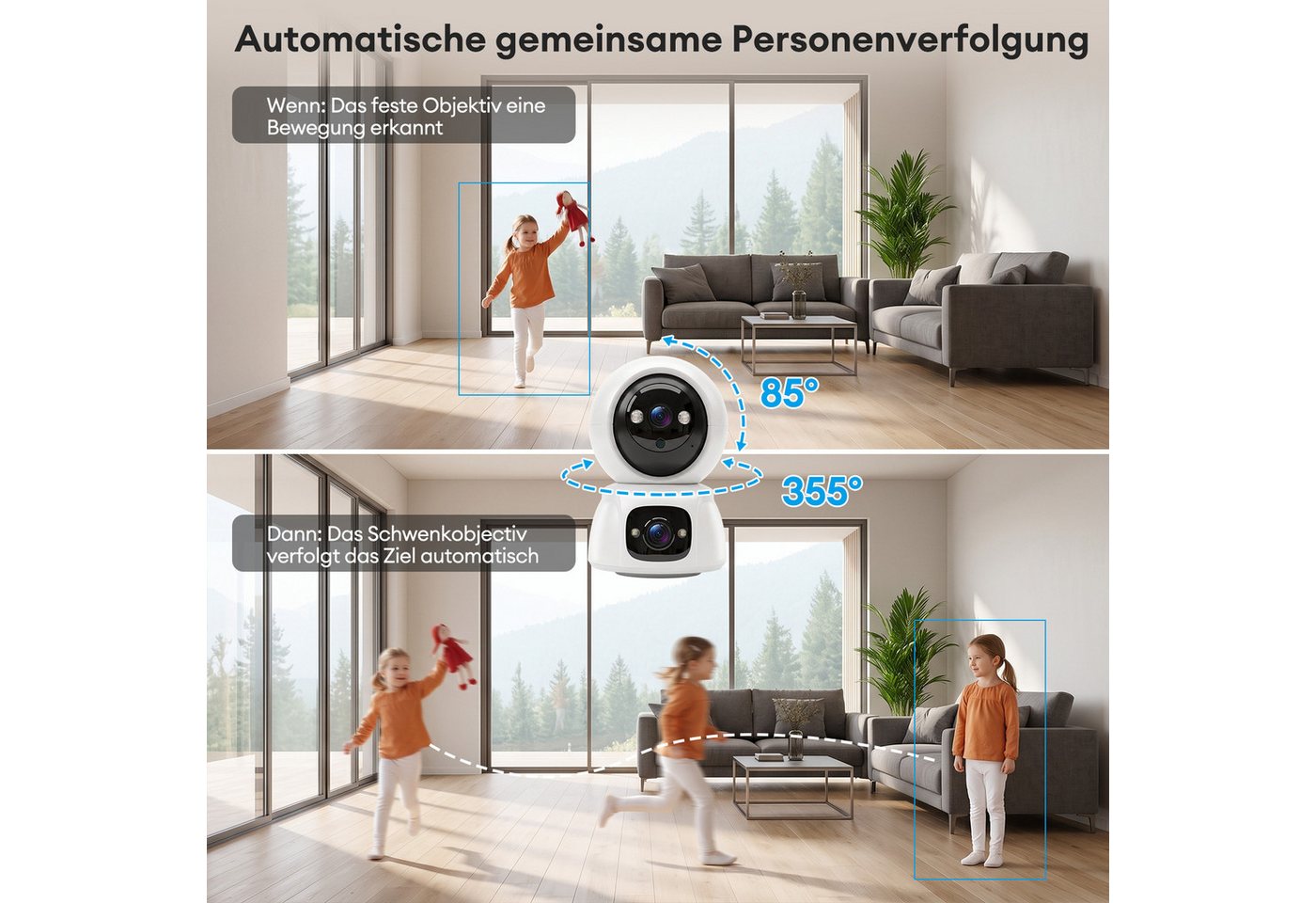 CkeyiN Überwachungskamera 3MP 2K+2K Dual-Objektiv 5G/2,4GHz WLAN 360° PTZ Überwachungskamera (Innenbereich, Farbnachtsicht KI-Bewegungserkennung 2-Wege-Audio SD & Cloud Speicher) Bild 2