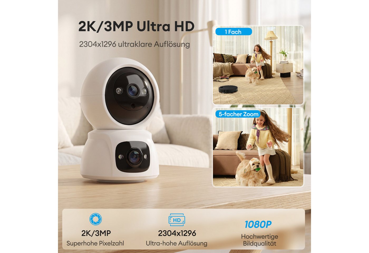 CkeyiN Überwachungskamera 3MP 2K+2K Dual-Objektiv 5G/2,4GHz WLAN 360° PTZ Überwachungskamera (Innenbereich, Farbnachtsicht KI-Bewegungserkennung 2-Wege-Audio SD & Cloud Speicher) Bild 3