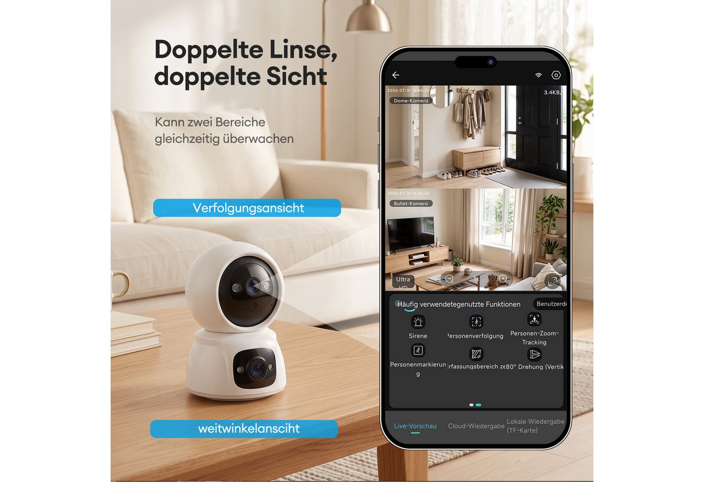 CkeyiN Überwachungskamera 3MP 2K+2K Dual-Objektiv 5G/2,4GHz WLAN 360° PTZ Überwachungskamera (Innenbereich, Farbnachtsicht KI-Bewegungserkennung 2-Wege-Audio SD & Cloud Speicher) Bild 4