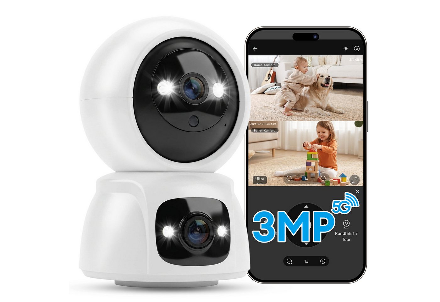 CkeyiN Überwachungskamera 3MP 2K+2K Dual-Objektiv 5G/2,4GHz WLAN 360° PTZ Überwachungskamera (Innenbereich, Farbnachtsicht KI-Bewegungserkennung 2-Wege-Audio SD & Cloud Speicher) Bild 5