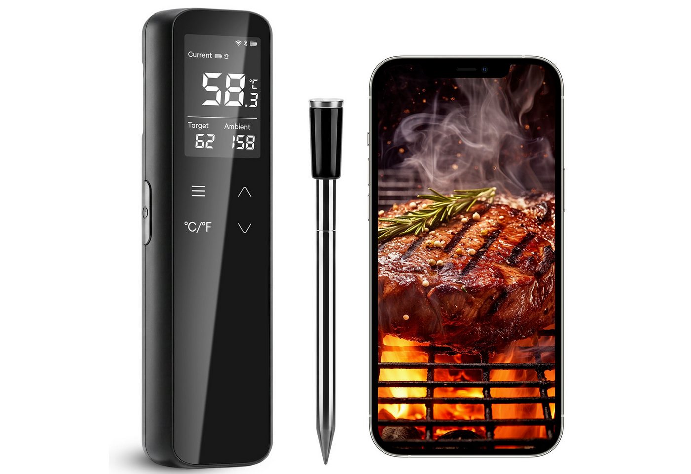 CkeyiN Bratenthermometer WiFi Bluetooth Grillthermometer mit 6 Sensoren App-Steuerung 2600mAh, Akku IP67 Wasserdicht Fleischthermometer für Smoker, Grill, Ofen Küche