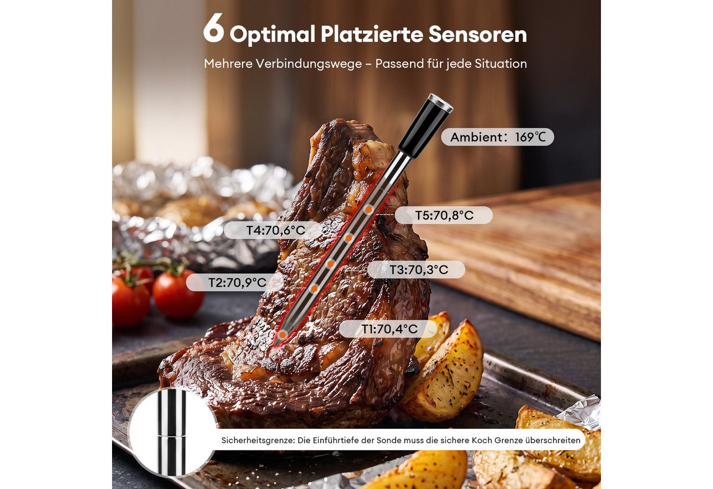CkeyiN Bratenthermometer WiFi Bluetooth Grillthermometer mit 6 Sensoren App-Steuerung 2600mAh, Akku IP67 Wasserdicht Fleischthermometer für Smoker, Grill, Ofen Küche Bild 2