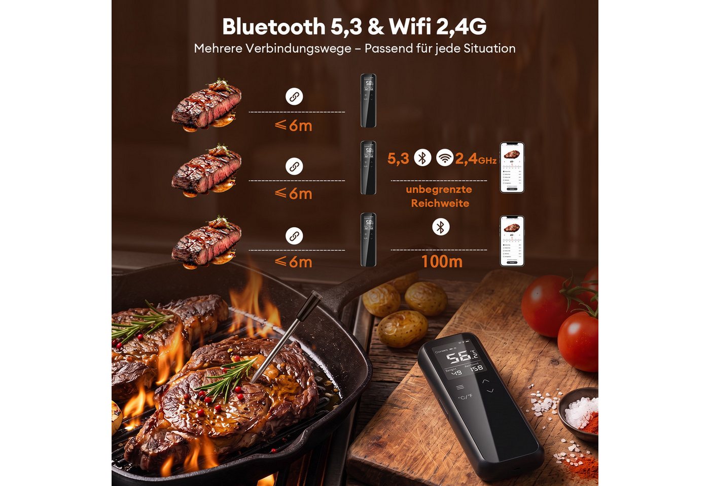 CkeyiN Bratenthermometer WiFi Bluetooth Grillthermometer mit 6 Sensoren App-Steuerung 2600mAh, Akku IP67 Wasserdicht Fleischthermometer für Smoker, Grill, Ofen Küche Bild 5