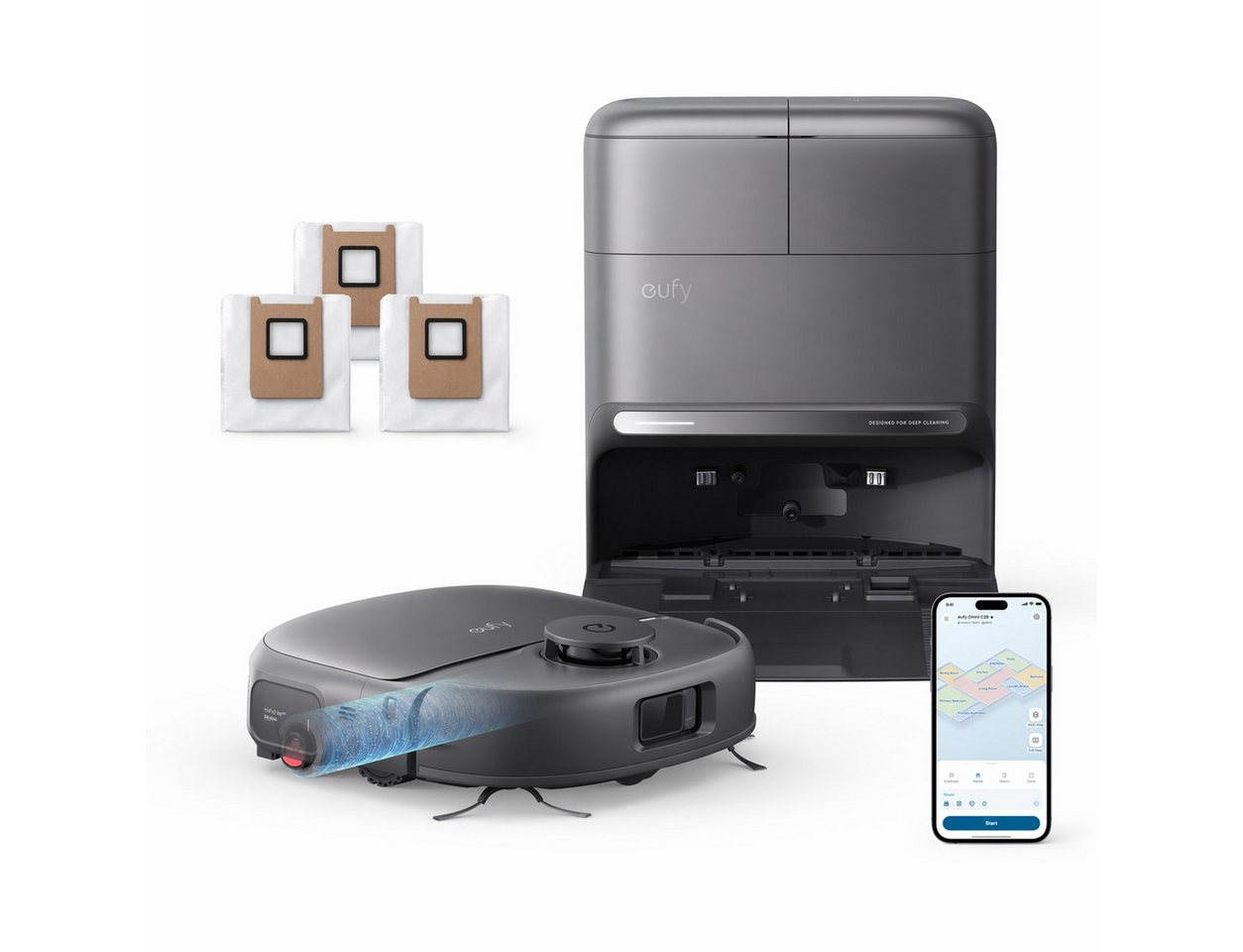 eufy Saugroboter C28 15000 Pa Turbo-Saugkraft,50°C-Heißlufttrocknung, 60 W, mit Beutel, HydroJet delbstreinigende Wischrolle, Omni-Station, Anti-Verwicklung Bild 3