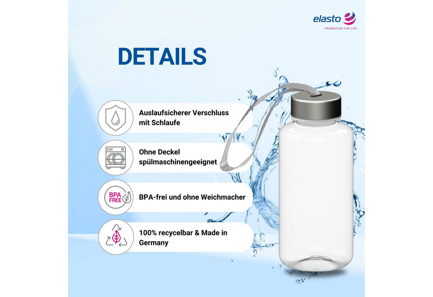 elasto Thermoflasche Trinkflasche 1L "Pure" auslaufsichere Wasserflasche Bild 4