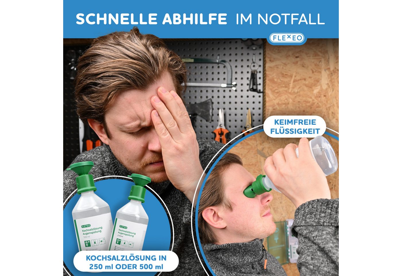 FLEXEO Erste-Hilfe-Set Augenspülflasche NaCl 500ml, (1 St), Augendusche mit Kochsalzlösung 0,9