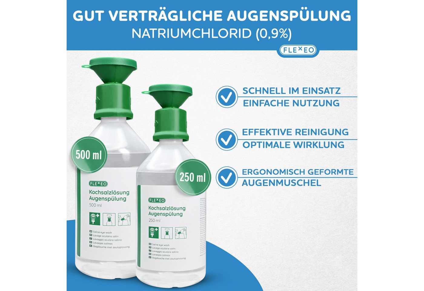 FLEXEO Erste-Hilfe-Set Augenspülflasche NaCl 500ml, (1 St), Augendusche mit Kochsalzlösung 0,9 Bild 2