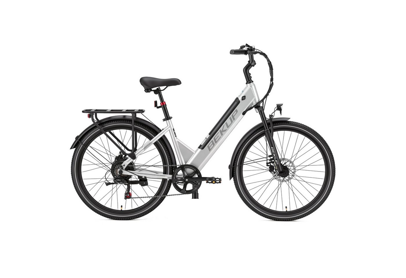 BEKUP E-Bike Cityrad V2 26 Zoll Trekkingrad, 522 Wh Akku, 45 Nm, Shimano 7-Gang, 7 Gang Shimano Shimano Tourney TZ Schaltwerk, Kettenschaltung, Heckmotor, 522 Wh, (Komplettset, E-Bike inklusive Akku und Ladegerät), Cityrad für Arbeitsweg und Wochenendtouren, bis zu 75 km Reichweite