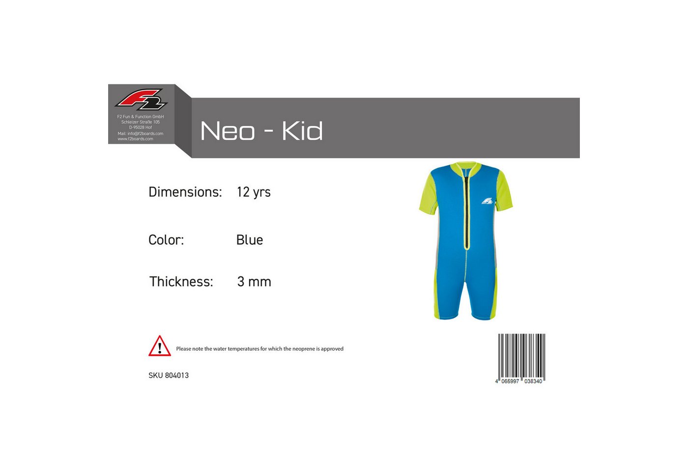 F2 Neoprenanzug F2 Junior Neopren Anzug Neo - Kid 3 mm 12 yrs Blau