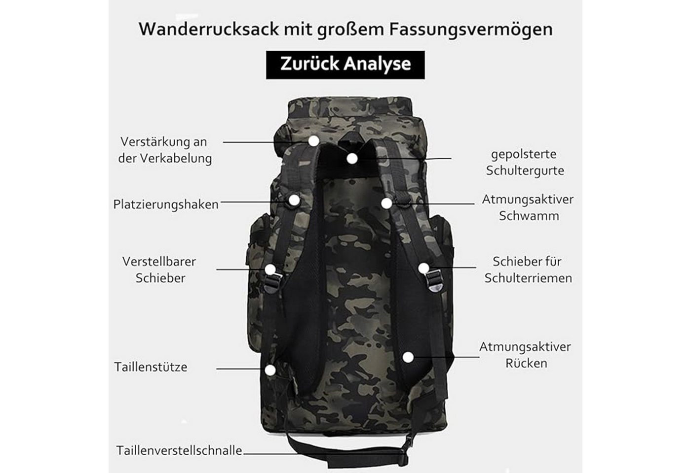 OKWISH Wanderrucksack Reiserucksack Sportrucksack Rucksäcke Taktischer Rucksack Wasserdicht (80L Camping Outdoor leicht Trekkingrucksack, 1-tlg., verstellbarer Brustgurt, Separatem Schuhfach, mit Laptopfach), für Herren Damen Teenager Freizeit Arbeit Bergsteigen Jagd Trekking Bild 5